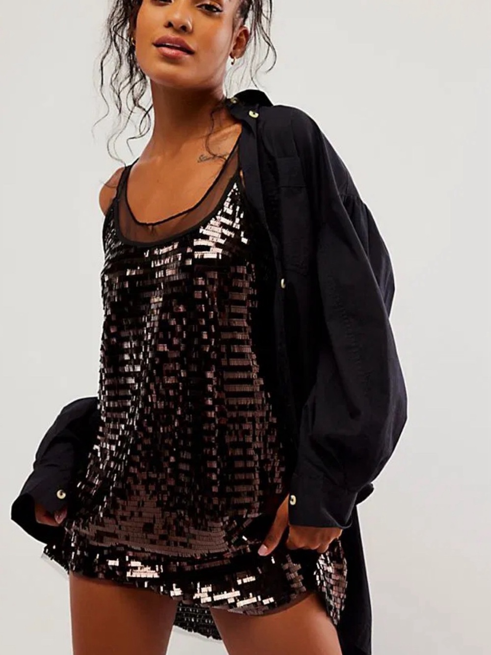 Free People Disco Fever Mini Slip Dress Chocolate Brown Sequin and Black Mesh